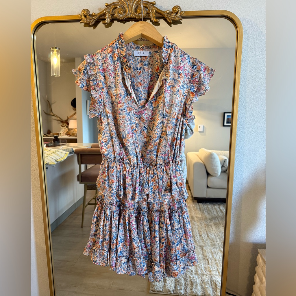 Reset By Jane Floral Shimmer Ruffle Flutter Sleeve High Low Mini Dress S